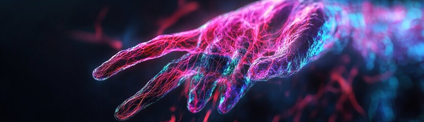 Poster - Close-up of neon, glowing, hyper-realistic veins on skin