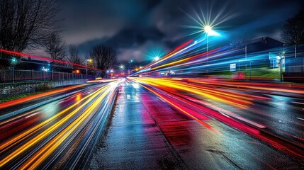 Poster - Nighttime road scene with vivid light trails from passing vehicles, captured in long exposure to show the motion and energy of the city.