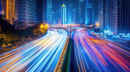 Poster - Nighttime road scene with vivid light trails from passing vehicles, captured in long exposure to show the motion and energy of the city.