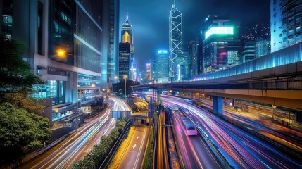 Poster - Nighttime road scene with vivid light trails from passing vehicles, captured in long exposure to show the motion and energy of the city.