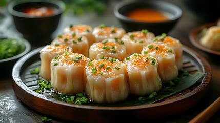 Wall Mural - A plate of steamed dumplings with chives and sauce on a wooden plate.