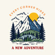 © Ranadhie - mountain outdoors vector illustration, Every corner hides a new adventure, outdoors t shirt design. Adventure vector artwork print design for t shirt and others