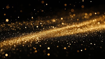 Poster - Shining gold glitter floating on a dark background, creating a mesmerizing and elegant visual for glamorous and festive concepts.