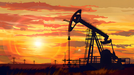 An oil pumpjack silhouetted against a vibrant sunset, its mechanical arms moving up and down, capturing the essence of traditional oil extraction in a rural landscape