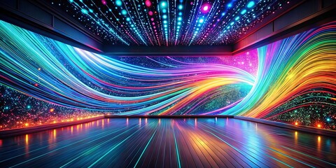 Wall Mural - A luminous expanse of swirling, iridescent lines against a backdrop of twinkling lights, forming a cosmic spectacle on a wooden stage.