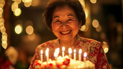 Canvas Print - Pretty asian grandmother celebrating her birthday with cake and candles. 