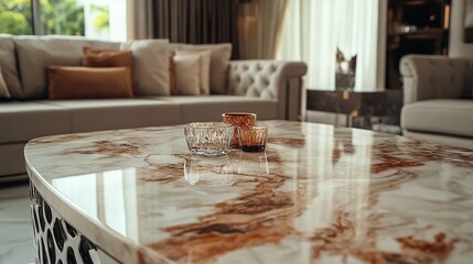 Poster - Premium luxury modern family room with marble table and sofa. Palissandro classico - natural marble stone texture, photo of slab. Beautiful simple  