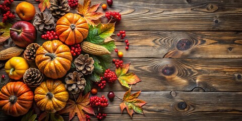 Poster - A Rustic Autumnal Arrangement of Pumpkins, Pinecones, and Fall Foliage on a Weathered Wooden Surface