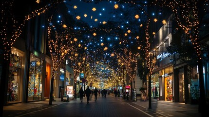 Sticker - photograph of main road in the city decorated christmas lights People walking and shopping old building scenery black sky decorated with stars It conveys the atmosphere of the festival, happiness  