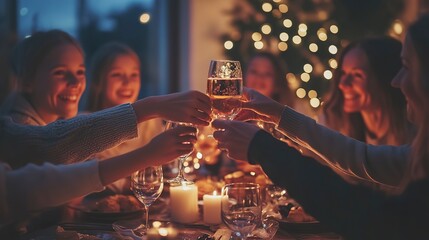 Canvas Print - Parents and grandparents sharing a holiday toast with children gathered around the table 