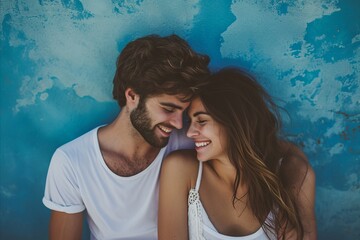 Poster - Couple in love hugging and kissing on blue background. Young man and woman in love.