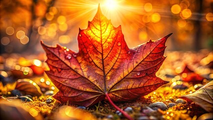 Wall Mural - A single, vibrant red maple leaf rests on the forest floor, illuminated by warm, golden sunlight, casting a soft glow on its intricate veins and delicate droplets of dew.