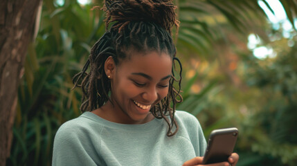 Wall Mural - A woman with dreadlocks is smiling while looking at her cell phone