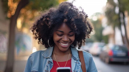 Wall Mural - A woman with curly hair is smiling while looking at her cell phone