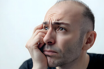 Wall Mural - Bald man or woman worry about his or her less hairline on white background isolated