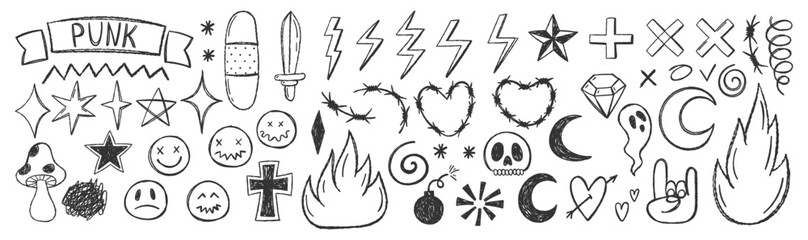 Aufkleber - Grange punk elements with chalk or crayon texture. Hand drawn heart, emoji, flame. Doodle vector illustration.