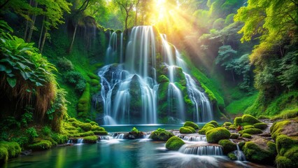 Canvas Print - Sunlight Filtering Through Lush Canopy, Illuminating a Cascading Waterfall, Creating a Serene Scene of Untamed Nature