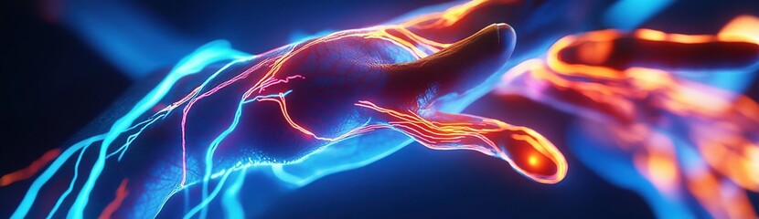 Poster - Close-up of neon, glowing, hyper-realistic veins on skin