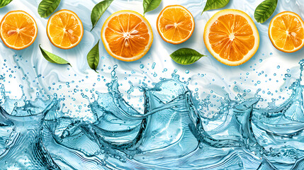 Lemon fruit slice, leaves and water wave, on white background