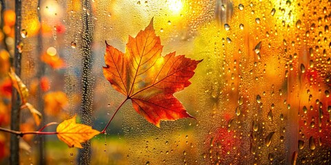 Wall Mural - A Single Autumn Leaf Adheres to a Wet Window Pane, a Golden Glow Behind it, and Raindrops Sparkling in the Light