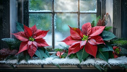 Poinsettias and Holly on a Snowy Windowsill