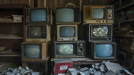 Poster - Electric Sheep in the Shadow Realm: A row of old-fashioned TV screens with static, next to piles of dusty VHS tapes and a rotary phone.