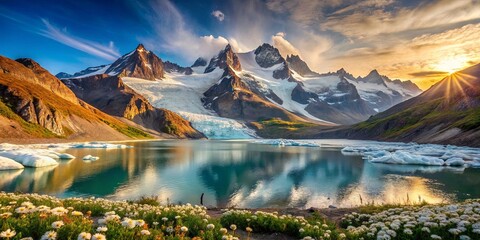 Poster - Serene Glacier Lake Nestled Among Majestic Mountain Peaks, Bathed in the Golden Glow of a Sunset, Featuring a Lone Figure Gazing at the Tranquil Water