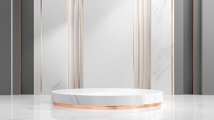 Poster - Modern minimalist display platform on a marble background with rose gold accents in a contemporary setting