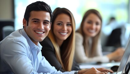 Poster - A Smiling Man Works with Two Women in a Modern Office