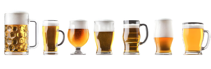 Wall Mural - set of various glasses and mugs of beer isolated on transparent background