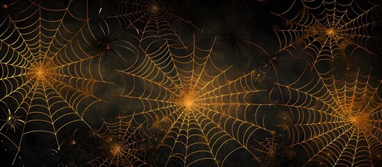 Poster - Real creepy spider webs silhouette isolated on black banner panorama . Halloween background template