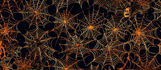 Poster - Real creepy spider webs silhouette isolated on black banner panorama . Halloween background template