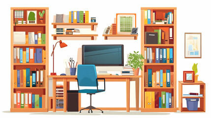Poster - Home Office Set with Desk, Computer, and Bookshelves. Concept of Work-Life Balance and Family Responsibilities