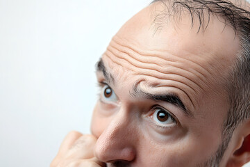 Wall Mural - Bald man or woman worry about his or her less hairline on white background isolated