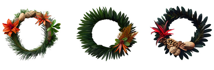 Wall Mural - Set of beautiful decorative tropical wreath collection isolated on transparent background. 