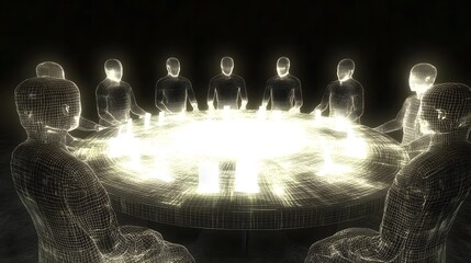 Wall Mural - Wireframe Humans Meeting Around Round Table   Futuristic Technology Concept