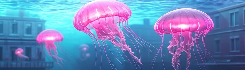 Poster - Pink Jellyfish Swimming Through Underwater City.