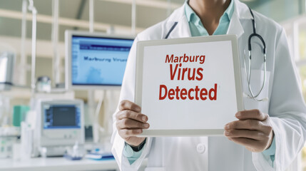 Medical Professional Holding Sign Displaying Marburg Virus Detected Message in Hospital Environment as Disease Awareness Concept