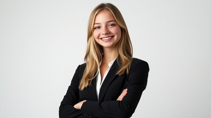 Young businesswoman in a professional black suit smiles confidently in a studio setting with a neutral background