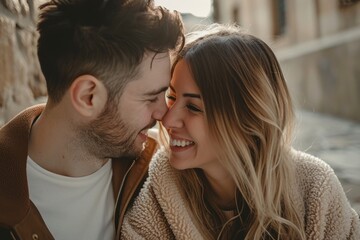 Wall Mural - couple in love walking in the old town and hugging each other