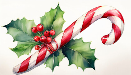 Watercolor Candy Cane with Holly Leaves and Berries