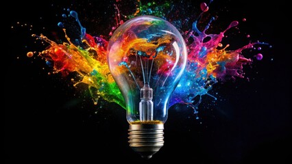 Sticker - Innovative light bulb bursting with vibrant paint and splashes on a black background isolated, innovative