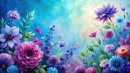 Canvas Print - Vibrant floral painting with purple and blue flowers against a serene blue background, vibrant, floral, painting, purple