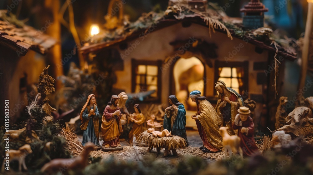 Christmas nativity scene depicting the birth of jesus with figurines of ...