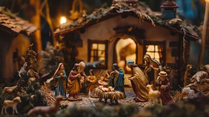 Christmas nativity scene depicting the birth of jesus with figurines of mary, joseph, shepherds, and animals gathered around the manger. christianity, religion, faith