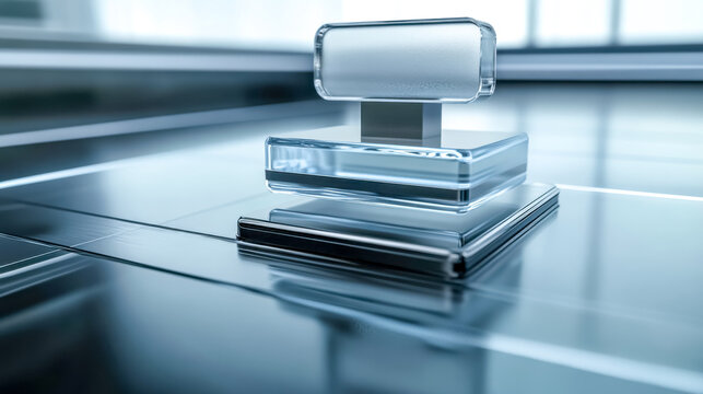 Abstract glass and metal structure displaying futuristic design on reflective surface