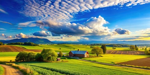 Poster - Beautiful rural landscape with vibrant blue sky , countryside, peaceful, nature, scenic, picturesque, farm