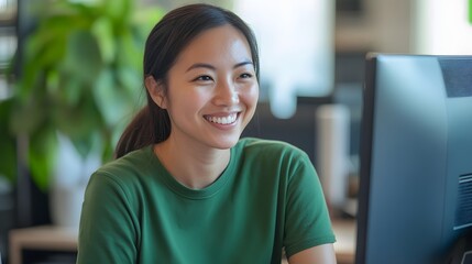 Poster - Smiling Woman in Green T-shirt Looking Off-Camera in Office