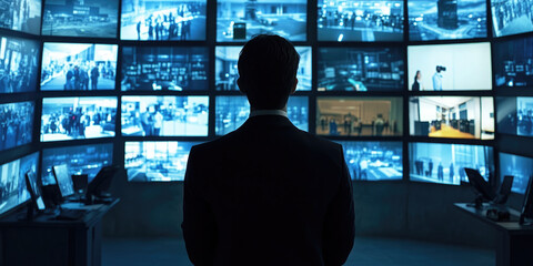 Aufkleber - A security operator works in a dark room full of computer screens displaying footage from surveillance cameras. He uses a headset and his silhouette is reflected on the screen