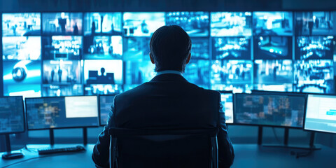 Aufkleber - A security operator works in a dark room full of computer screens displaying footage from surveillance cameras. He uses a headset and his silhouette is reflected on the screen